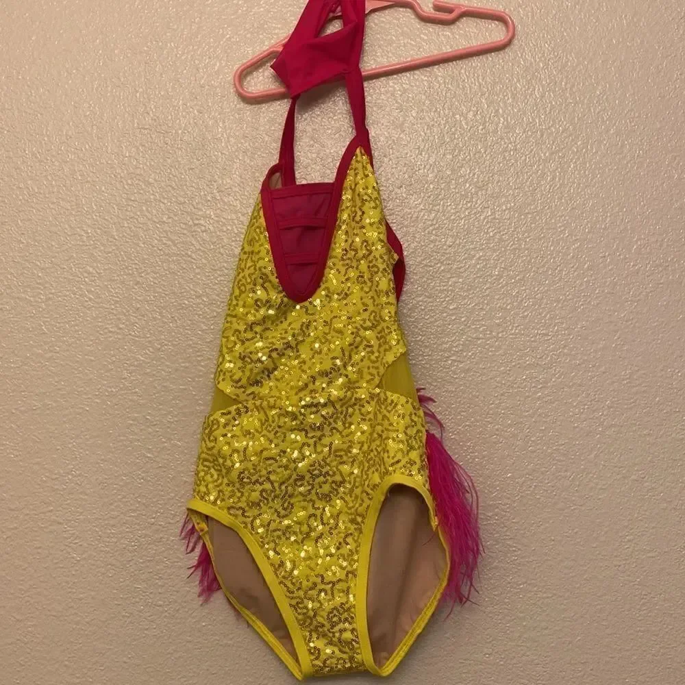 Weissman Elite Dance costume yellow sequin Feather Bustle Leotard SQ11458 XSA